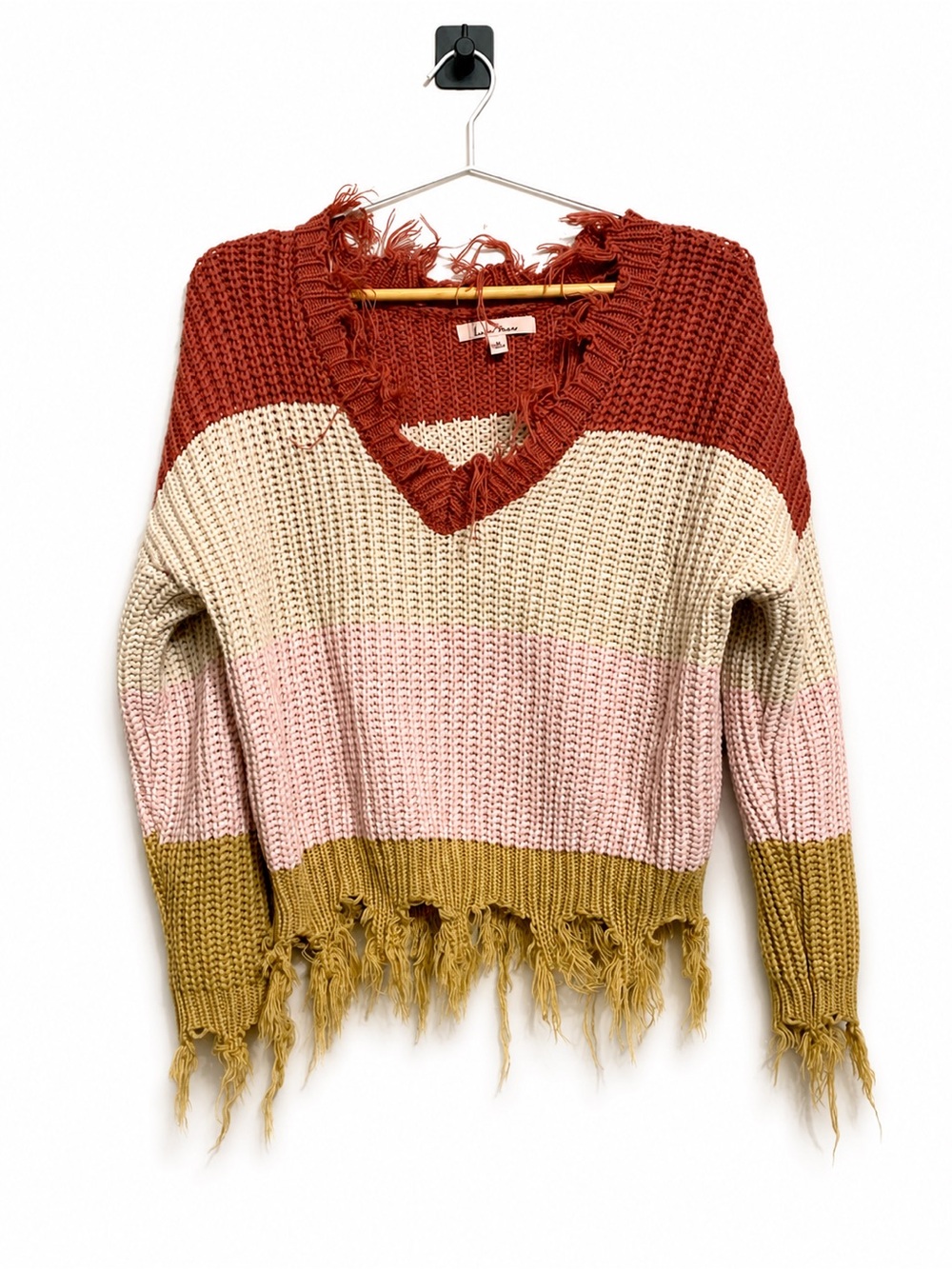 Love Tree Multicolor Distressed V‑Neck Sweater in Rust, Cream, Pink & Olive